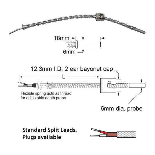 Standard Thermocouple - Adjustoflex Thermocouple. 6mm Probe, 12.3 Mm Cap